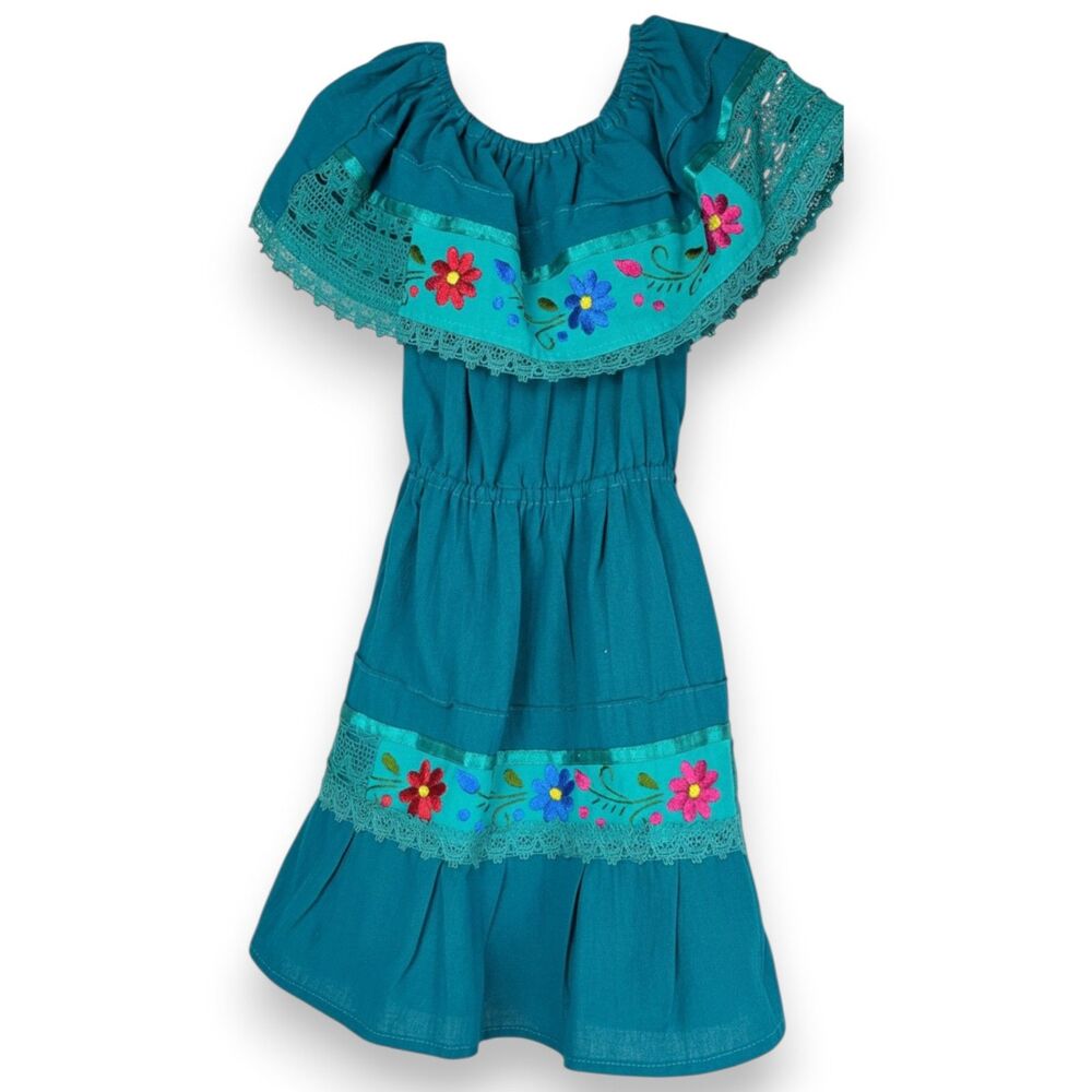 Girl's Traditional Mexican Peasant Style Dress Turquoise Embroidered Lace Ribbon